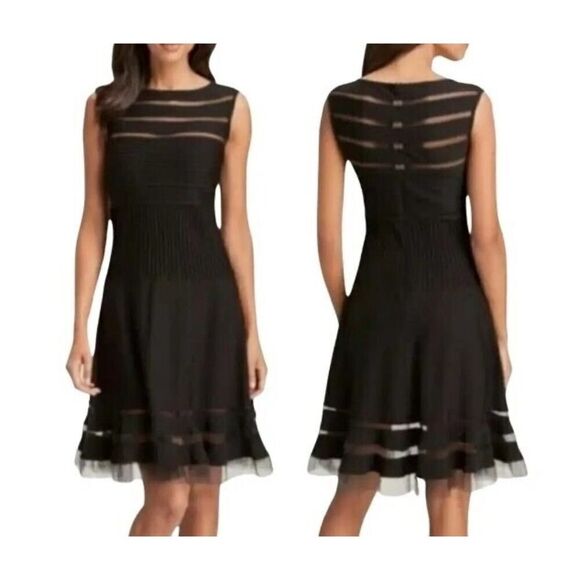 TADASHI SHOJI Designer Mesh Stripe Fit n Flare Illusion Dress Black Size 3X - Picture 5 of 12